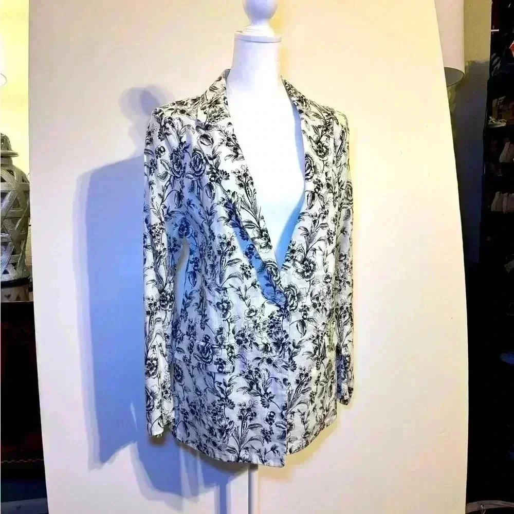 JOIE LINEN BLAZER Grey/White floral print NWT POCKETS SZ S & SZ M notched collar - Picture 2 of 12